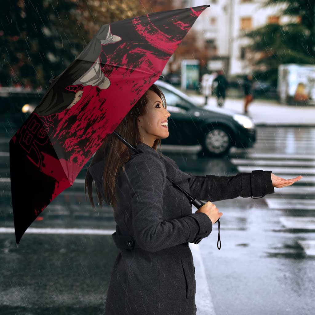 Muzan Kibutsuji Demon Slayer Red Grunge Design Umbrella with Intense Eyes and Hat Outfit Pose - The Mazicc