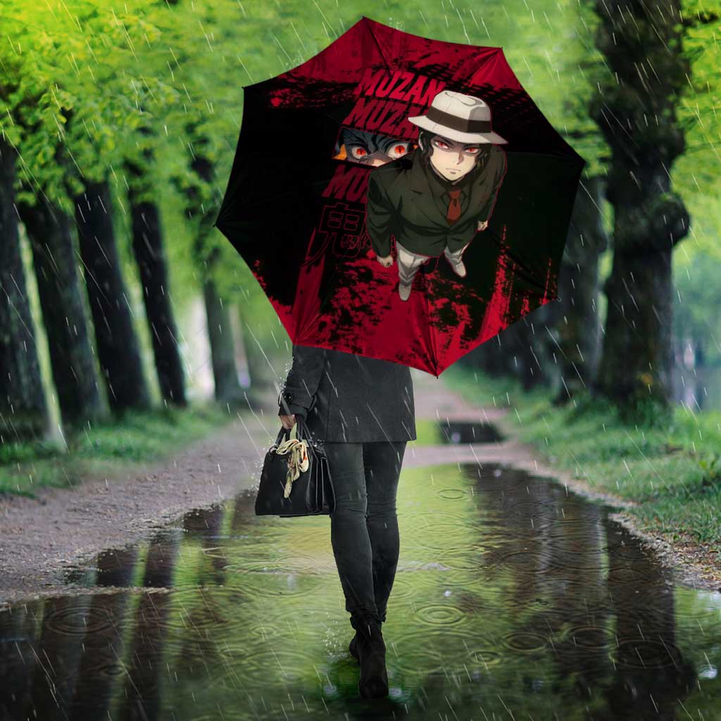 Muzan Kibutsuji Demon Slayer Red Grunge Design Umbrella with Intense Eyes and Hat Outfit Pose - The Mazicc