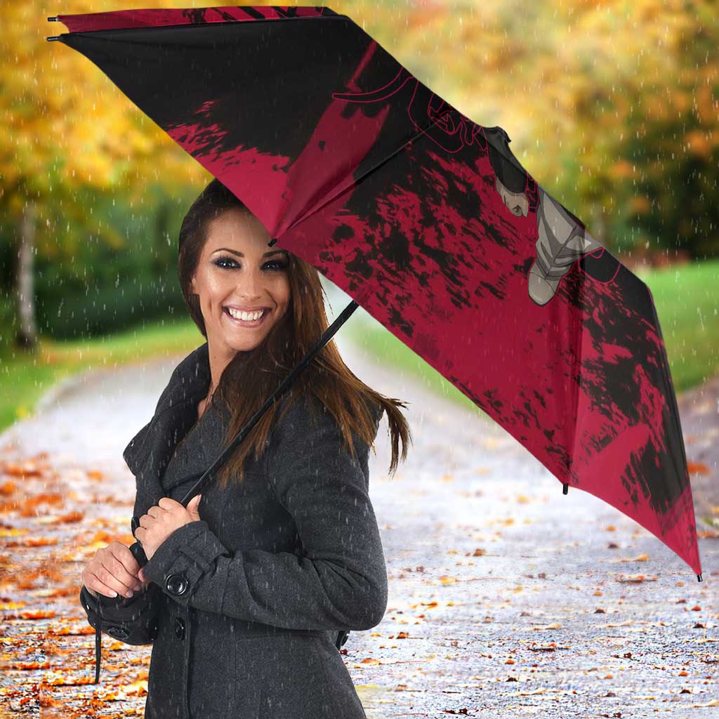 Muzan Kibutsuji Demon Slayer Red Grunge Design Umbrella with Intense Eyes and Hat Outfit Pose - The Mazicc