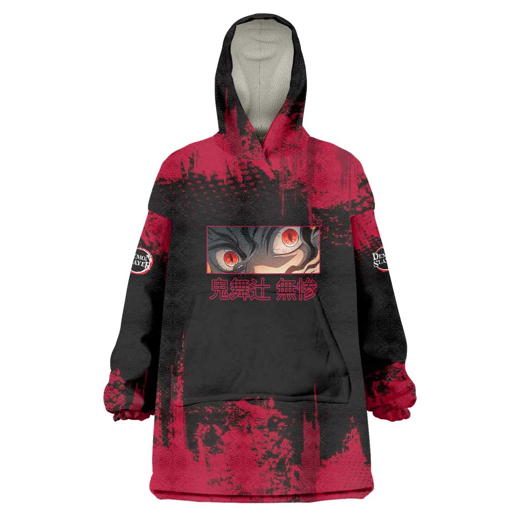 Muzan Kibutsuji Demon Slayer Red Grunge Design Wearable Blanket Hoodie with Intense Eyes and Hat Outfit Pose - The Mazicc