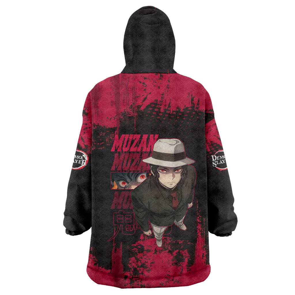 Muzan Kibutsuji Demon Slayer Red Grunge Design Wearable Blanket Hoodie with Intense Eyes and Hat Outfit Pose - The Mazicc