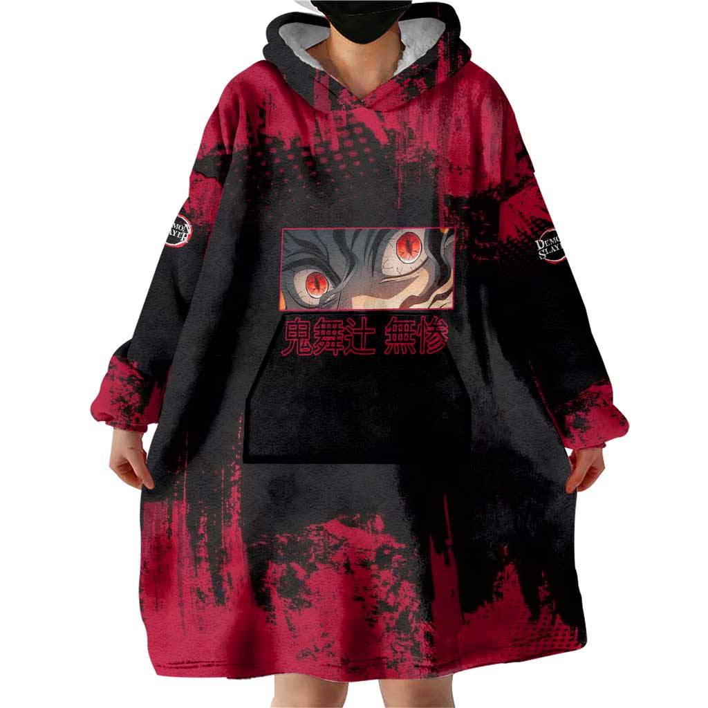 Muzan Kibutsuji Demon Slayer Red Grunge Design Wearable Blanket Hoodie with Intense Eyes and Hat Outfit Pose - The Mazicc