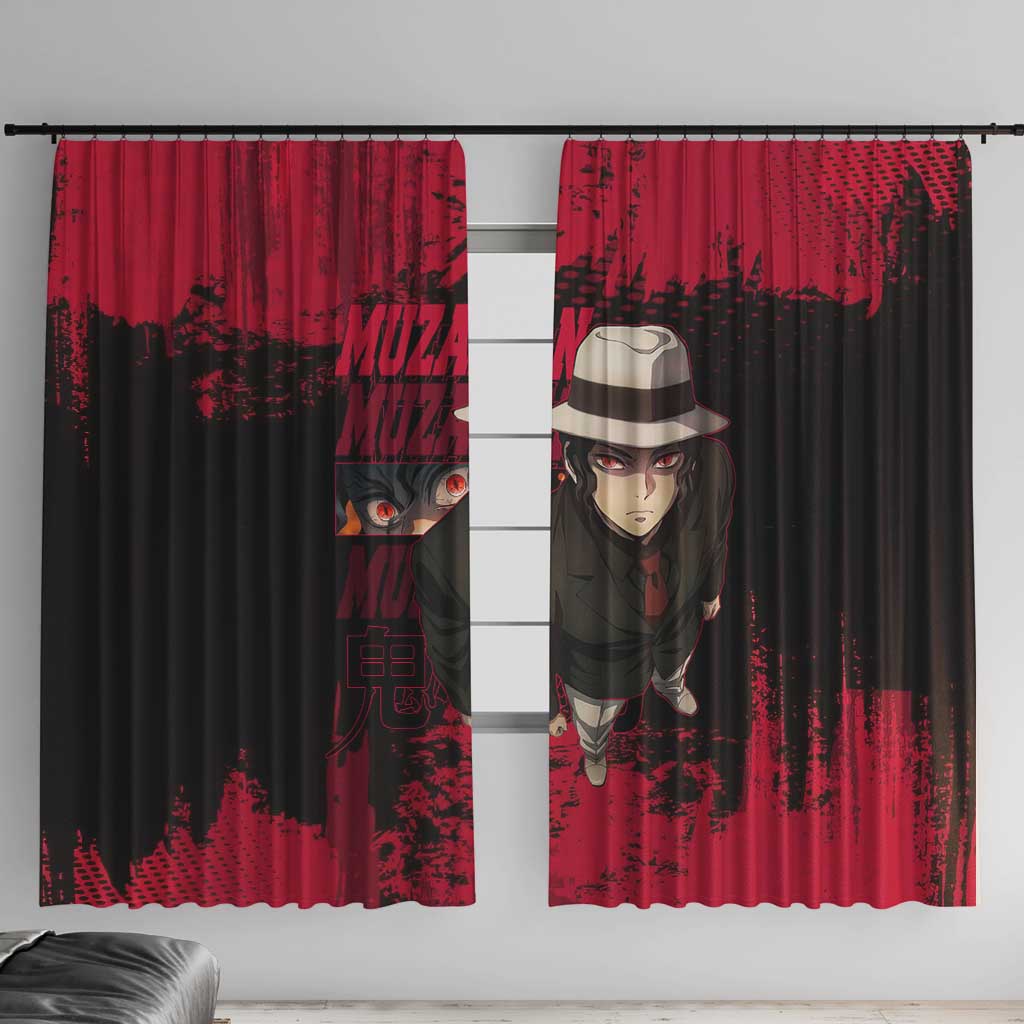 Muzan Kibutsuji Demon Slayer Red Grunge Design Window Curtain with Intense Eyes and Hat Outfit Pose - The Mazicc