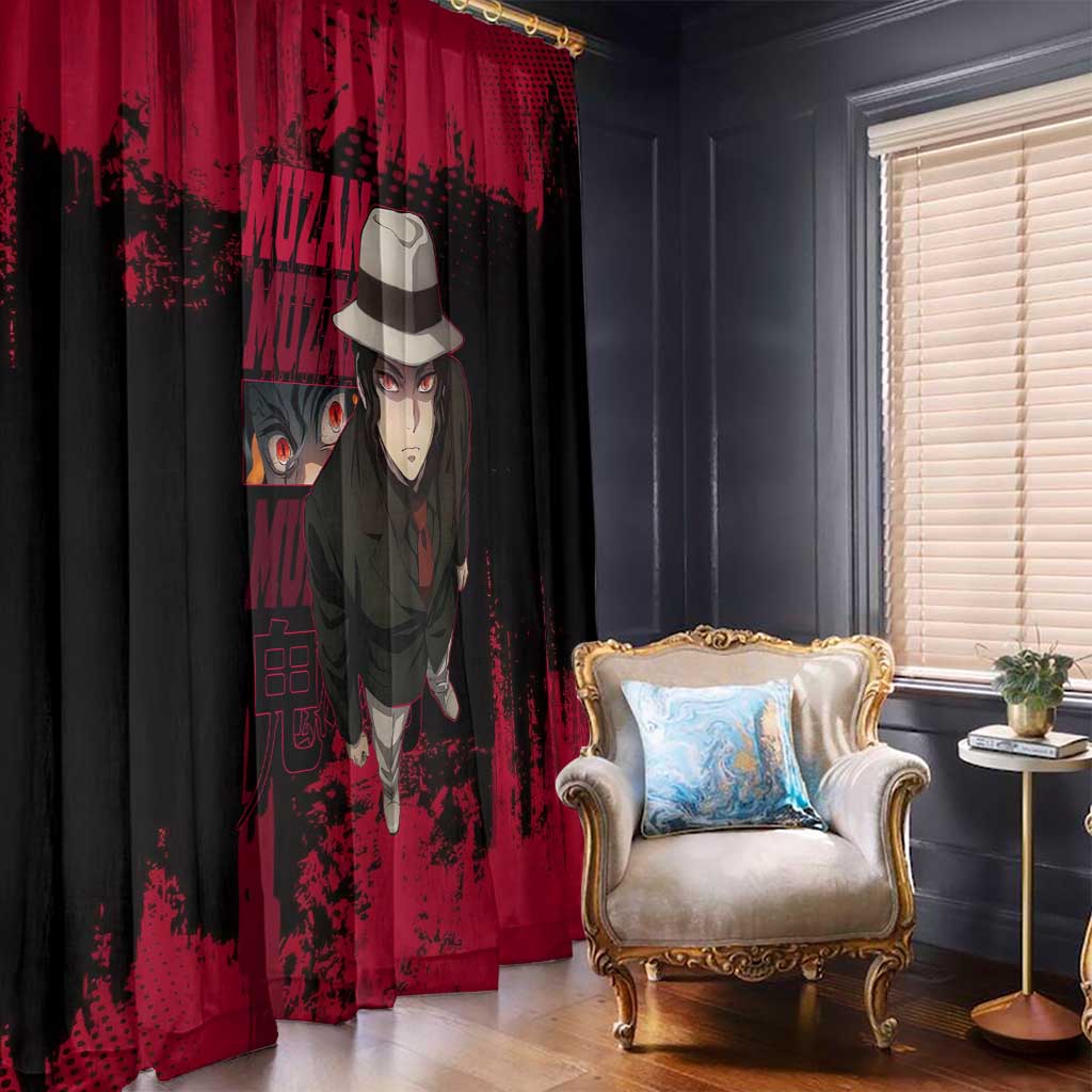 Muzan Kibutsuji Demon Slayer Red Grunge Design Window Curtain with Intense Eyes and Hat Outfit Pose - The Mazicc