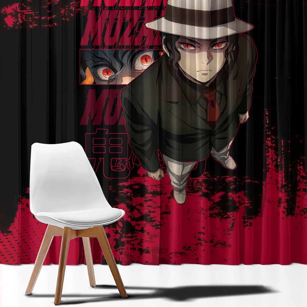 Muzan Kibutsuji Demon Slayer Red Grunge Design Window Curtain with Intense Eyes and Hat Outfit Pose - The Mazicc