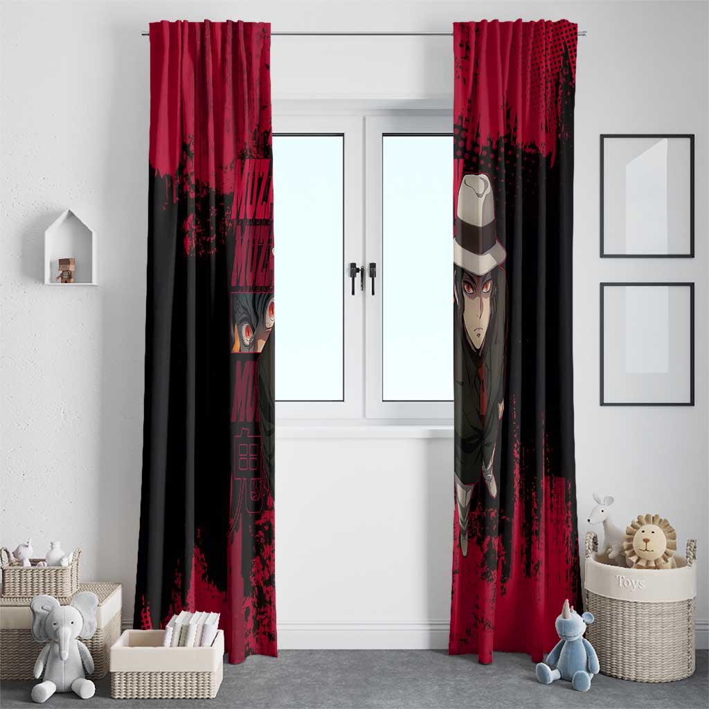 Muzan Kibutsuji Demon Slayer Red Grunge Design Window Curtain with Intense Eyes and Hat Outfit Pose - The Mazicc