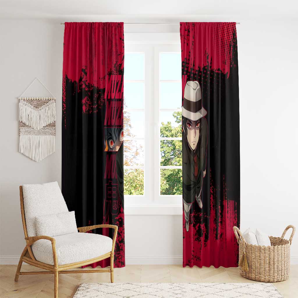 Muzan Kibutsuji Demon Slayer Red Grunge Design Window Curtain with Intense Eyes and Hat Outfit Pose - The Mazicc