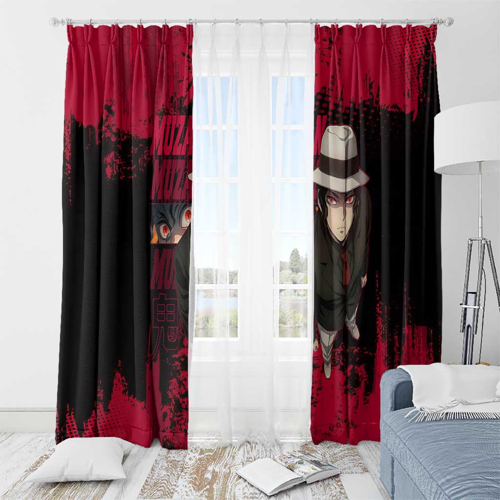 Muzan Kibutsuji Demon Slayer Red Grunge Design Window Curtain with Intense Eyes and Hat Outfit Pose - The Mazicc