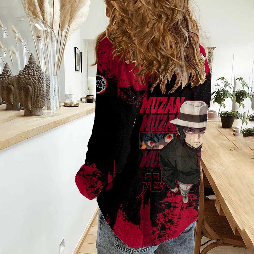 Muzan Kibutsuji Demon Slayer Red Grunge Design Women Casual Shirt with Intense Eyes and Hat Outfit Pose - The Mazicc