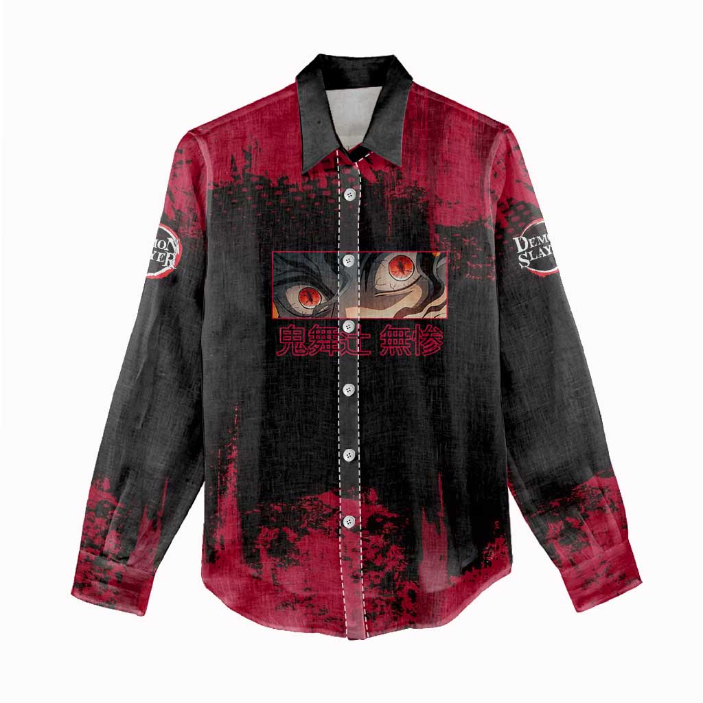 Muzan Kibutsuji Demon Slayer Red Grunge Design Women Casual Shirt with Intense Eyes and Hat Outfit Pose - The Mazicc