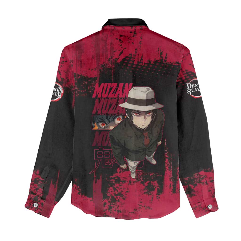 Muzan Kibutsuji Demon Slayer Red Grunge Design Women Casual Shirt with Intense Eyes and Hat Outfit Pose - The Mazicc