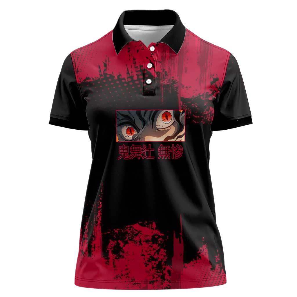 Muzan Kibutsuji Demon Slayer Red Grunge Design Women Polo Shirt with Intense Eyes and Hat Outfit Pose - The Mazicc