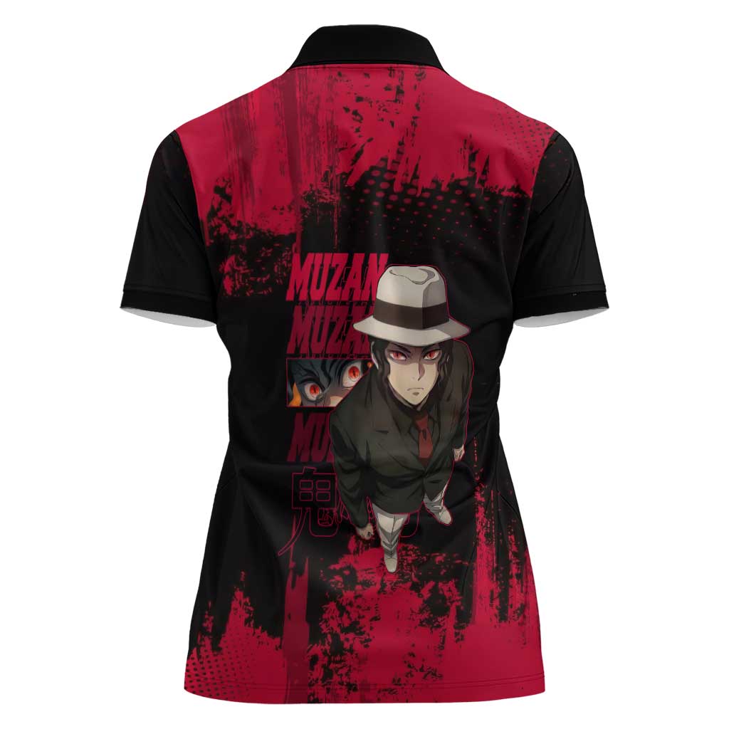 Muzan Kibutsuji Demon Slayer Red Grunge Design Women Polo Shirt with Intense Eyes and Hat Outfit Pose - The Mazicc
