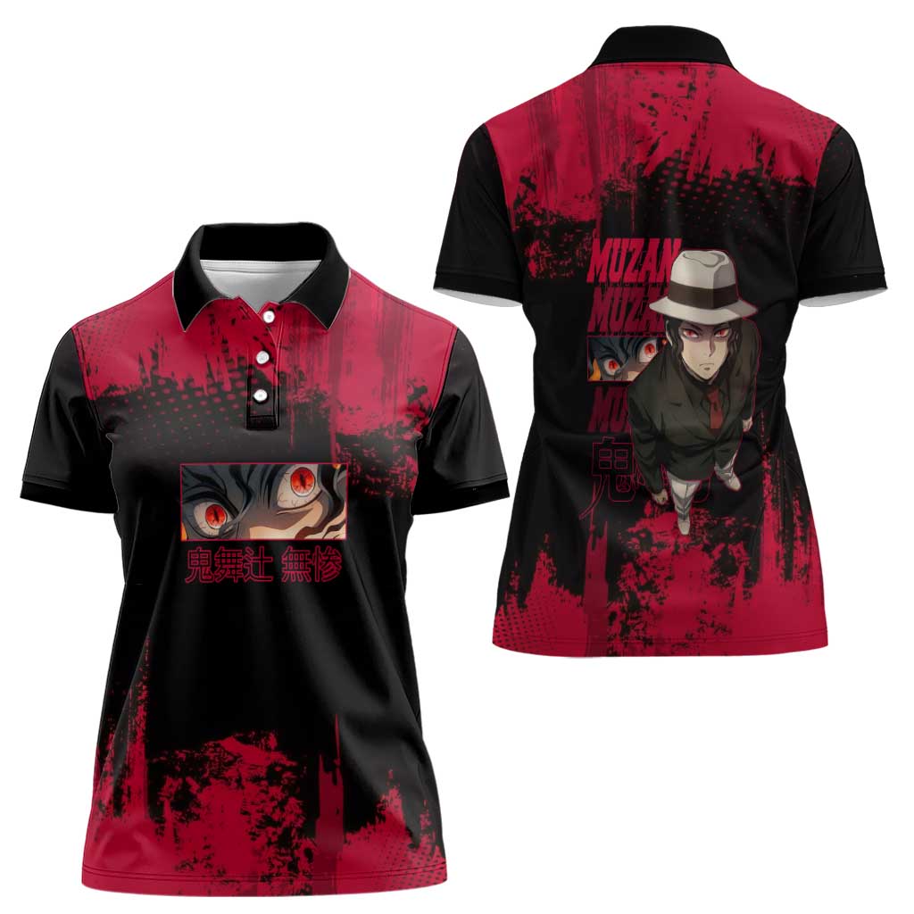 Muzan Kibutsuji Demon Slayer Red Grunge Design Women Polo Shirt with Intense Eyes and Hat Outfit Pose - The Mazicc