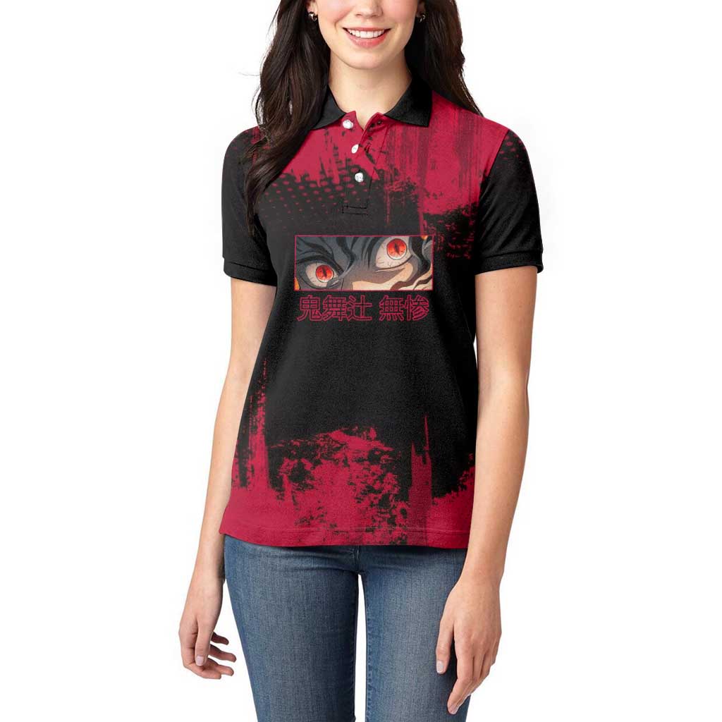 Muzan Kibutsuji Demon Slayer Red Grunge Design Women Polo Shirt with Intense Eyes and Hat Outfit Pose - The Mazicc