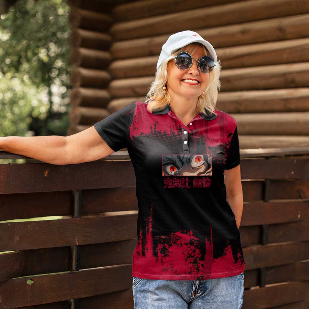 Muzan Kibutsuji Demon Slayer Red Grunge Design Women Polo Shirt with Intense Eyes and Hat Outfit Pose - The Mazicc
