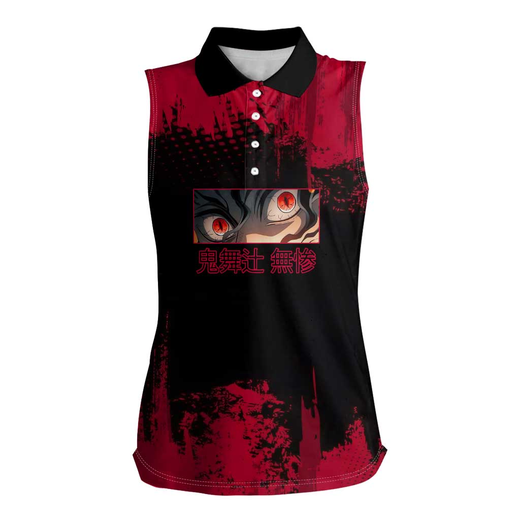 Muzan Kibutsuji Demon Slayer Red Grunge Design Women Sleeveless Polo Shirt with Intense Eyes and Hat Outfit Pose - The Mazicc