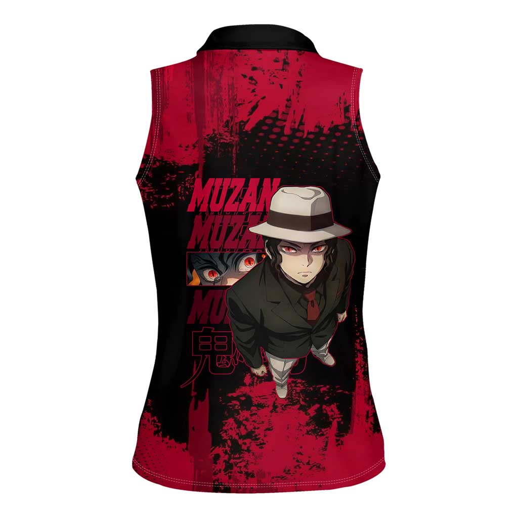 Muzan Kibutsuji Demon Slayer Red Grunge Design Women Sleeveless Polo Shirt with Intense Eyes and Hat Outfit Pose - The Mazicc