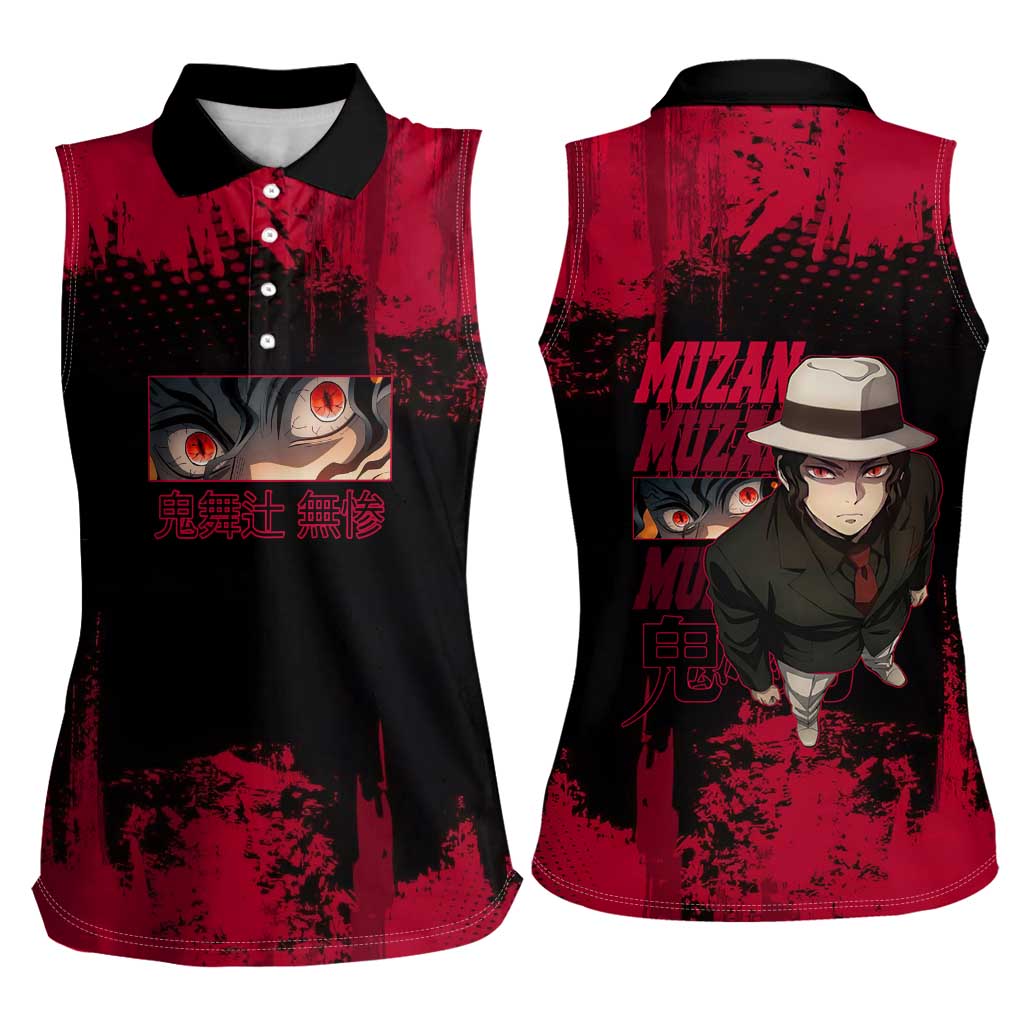 Muzan Kibutsuji Demon Slayer Red Grunge Design Women Sleeveless Polo Shirt with Intense Eyes and Hat Outfit Pose - The Mazicc