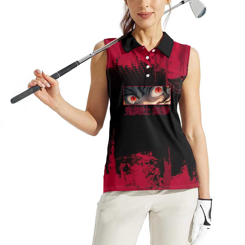 Muzan Kibutsuji Demon Slayer Red Grunge Design Women Sleeveless Polo Shirt with Intense Eyes and Hat Outfit Pose - The Mazicc