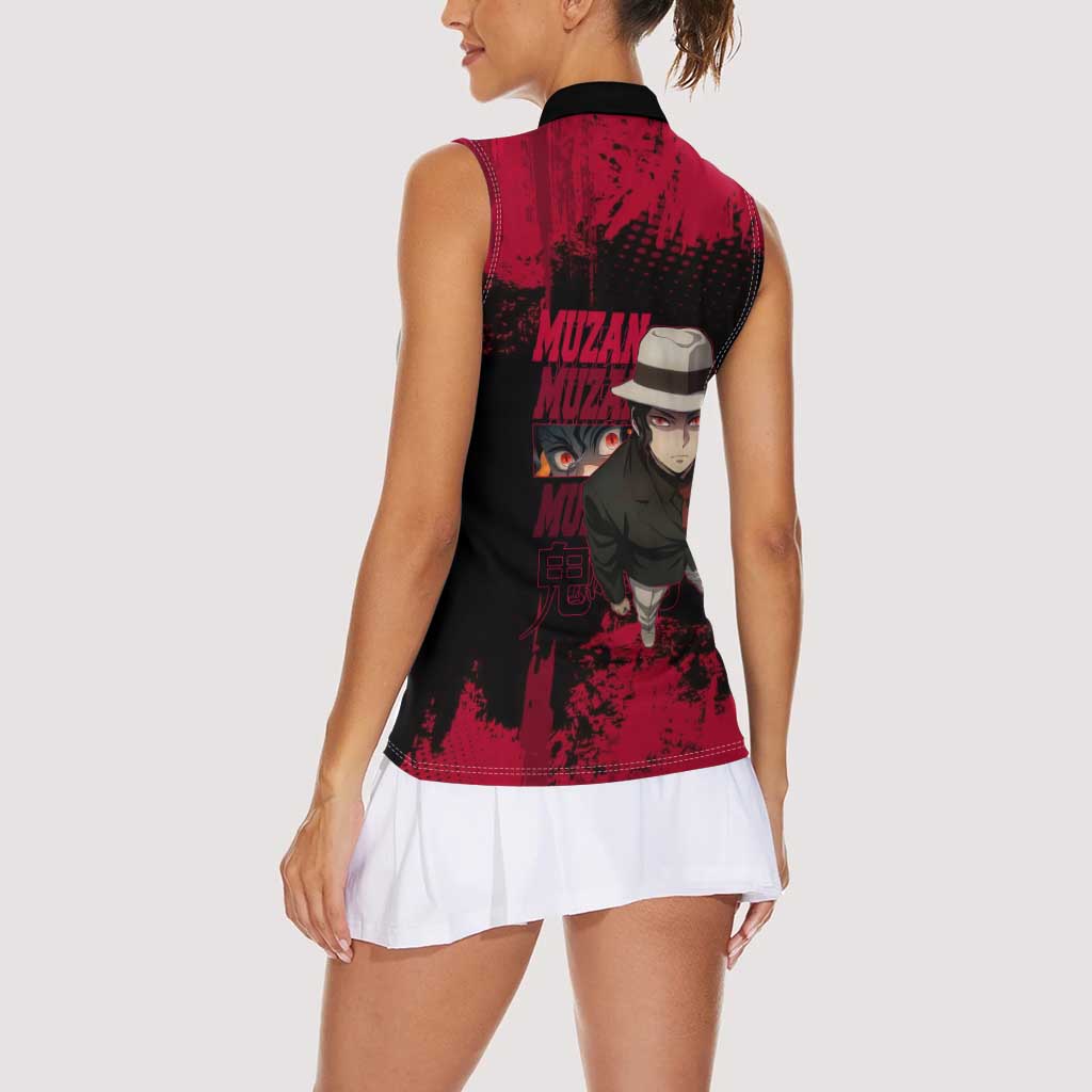 Muzan Kibutsuji Demon Slayer Red Grunge Design Women Sleeveless Polo Shirt with Intense Eyes and Hat Outfit Pose - The Mazicc