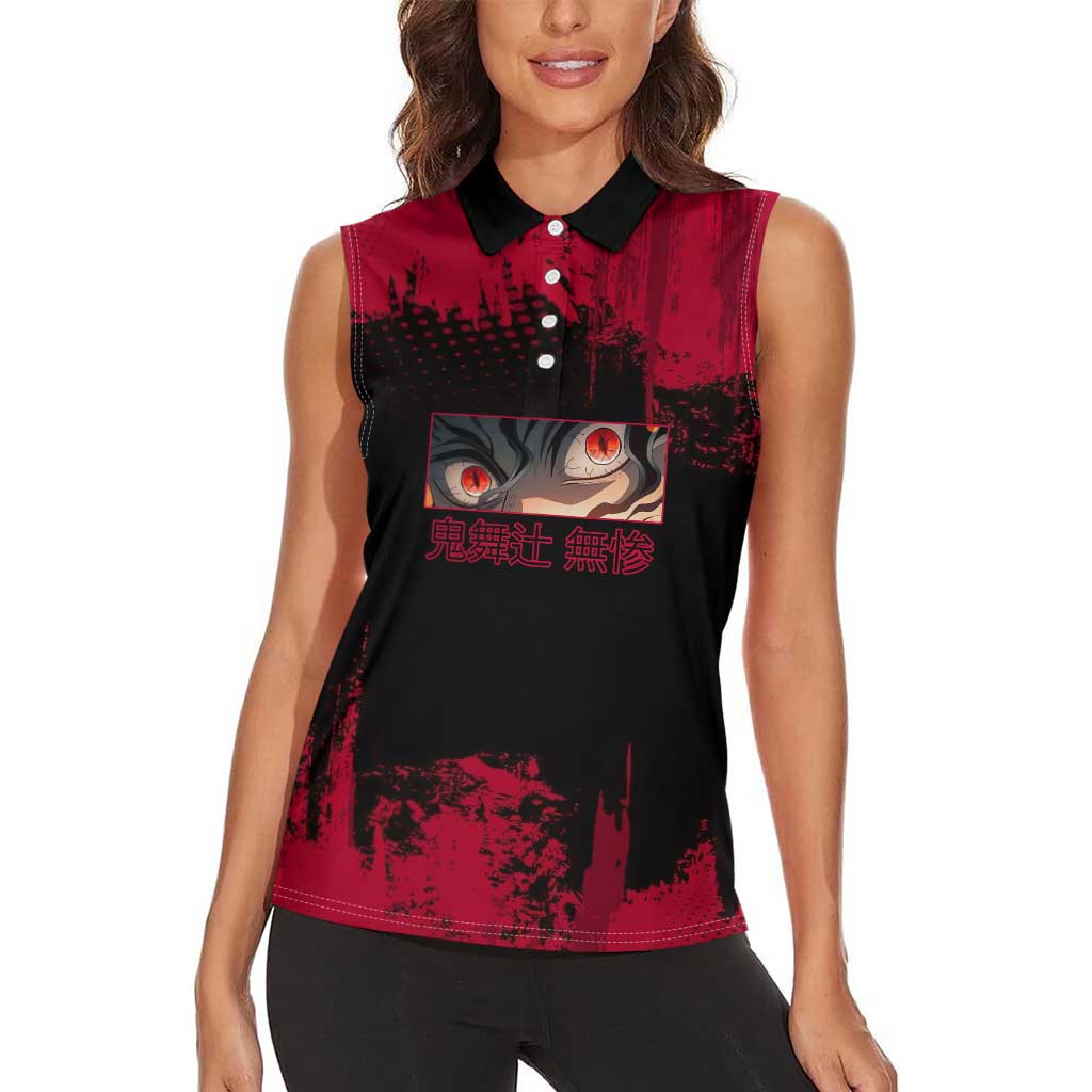 Muzan Kibutsuji Demon Slayer Red Grunge Design Women Sleeveless Polo Shirt with Intense Eyes and Hat Outfit Pose - The Mazicc