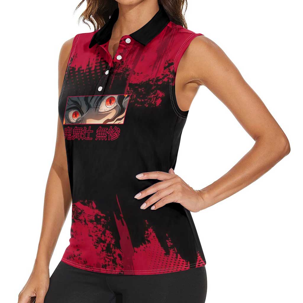 Muzan Kibutsuji Demon Slayer Red Grunge Design Women Sleeveless Polo Shirt with Intense Eyes and Hat Outfit Pose - The Mazicc