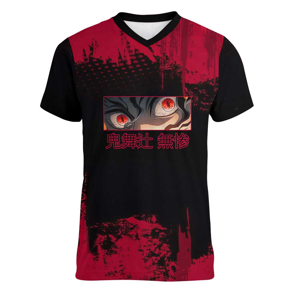Muzan Kibutsuji Demon Slayer Red Grunge Design Women V-Neck T-Shirt with Intense Eyes and Hat Outfit Pose - The Mazicc