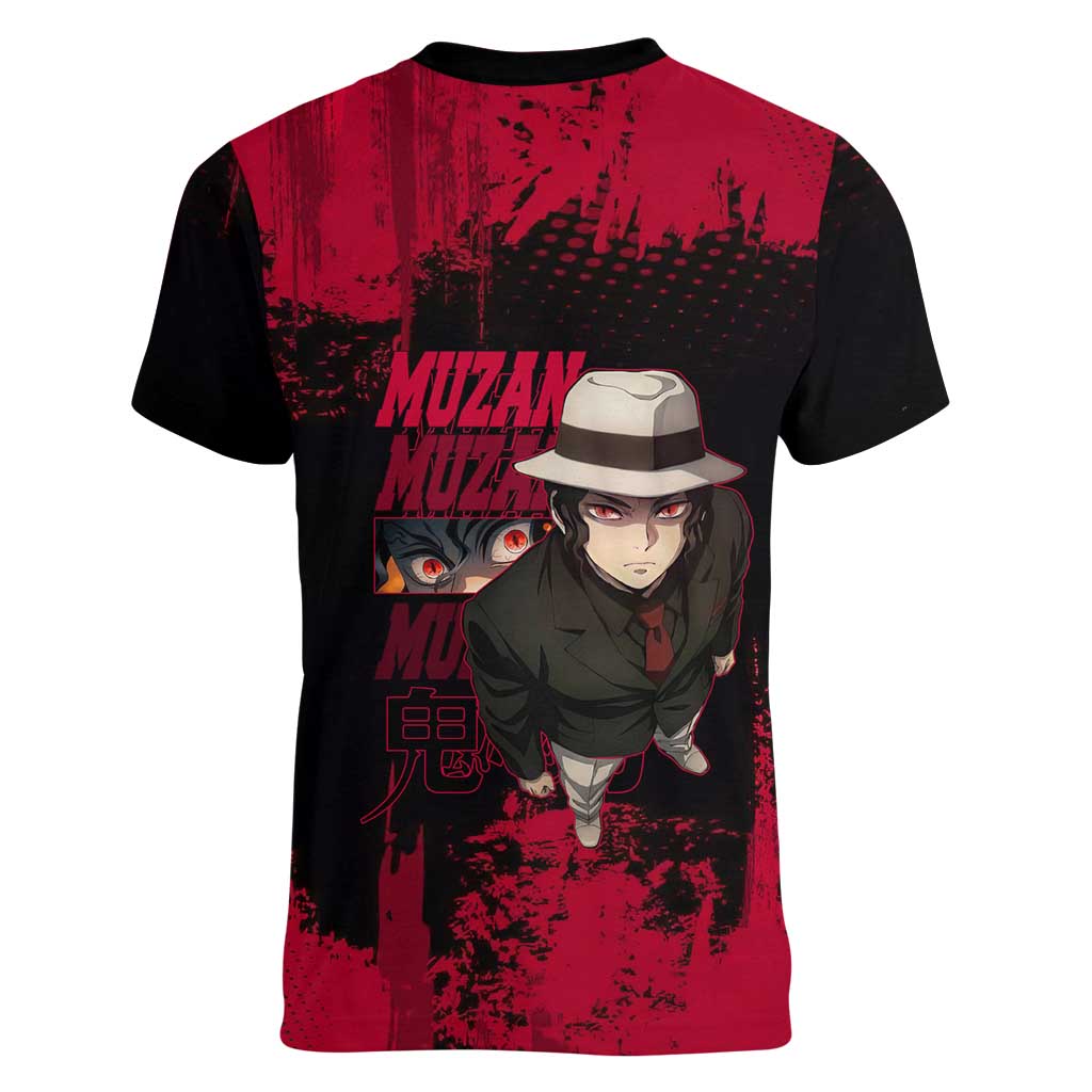 Muzan Kibutsuji Demon Slayer Red Grunge Design Women V-Neck T-Shirt with Intense Eyes and Hat Outfit Pose - The Mazicc