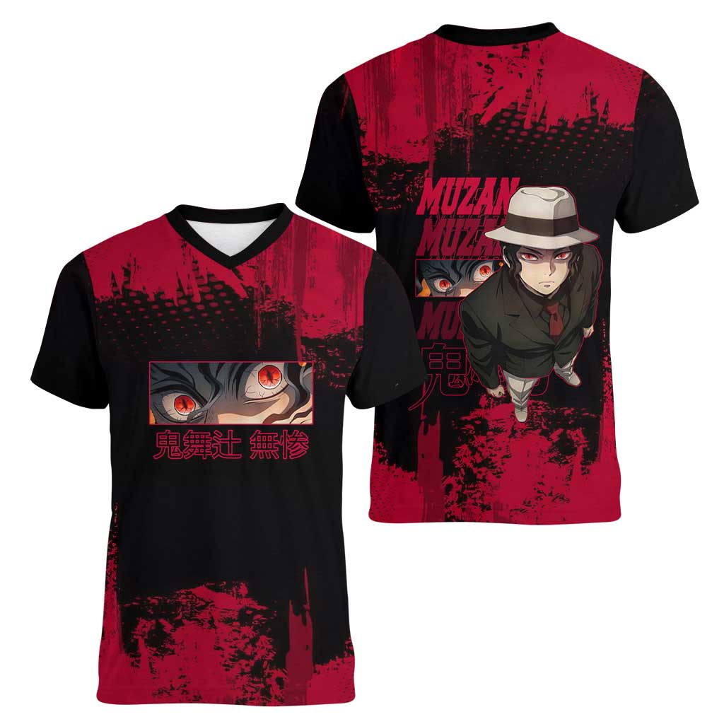 Muzan Kibutsuji Demon Slayer Red Grunge Design Women V-Neck T-Shirt with Intense Eyes and Hat Outfit Pose - The Mazicc