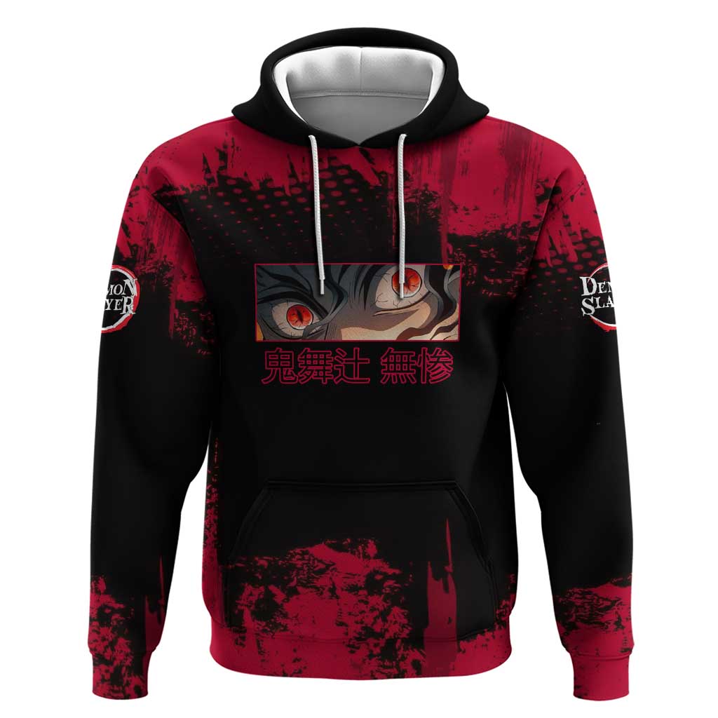 Muzan Kibutsuji Demon Slayer Red Grunge Design Zip Hoodie with Intense Eyes and Hat Outfit Pose - The Mazicc