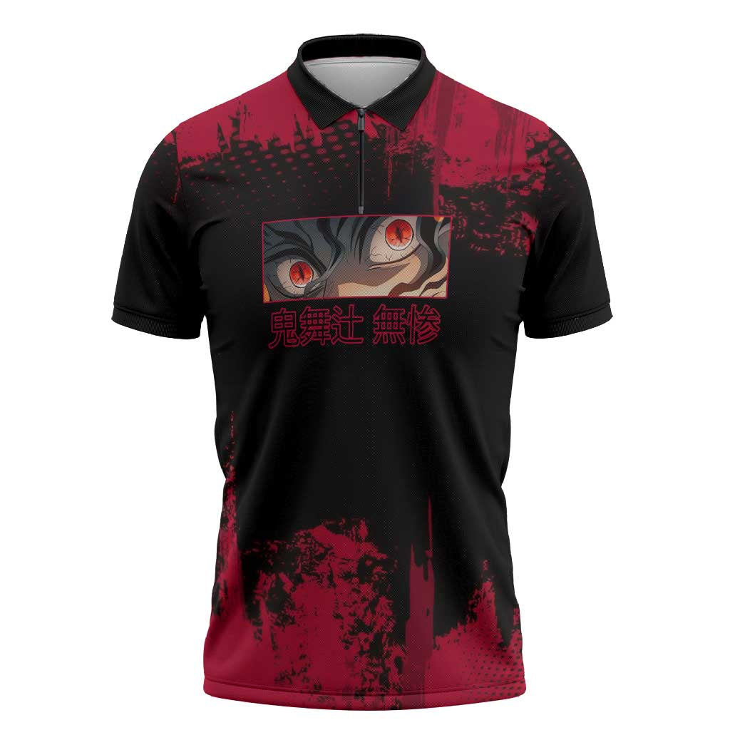 Muzan Kibutsuji Demon Slayer Red Grunge Design Zipper Polo Shirt with Intense Eyes and Hat Outfit Pose - The Mazicc