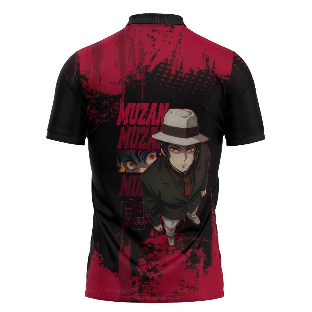 Muzan Kibutsuji Demon Slayer Red Grunge Design Zipper Polo Shirt with Intense Eyes and Hat Outfit Pose - The Mazicc