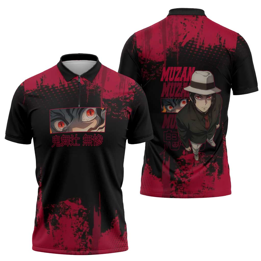 Muzan Kibutsuji Demon Slayer Red Grunge Design Zipper Polo Shirt with Intense Eyes and Hat Outfit Pose - The Mazicc