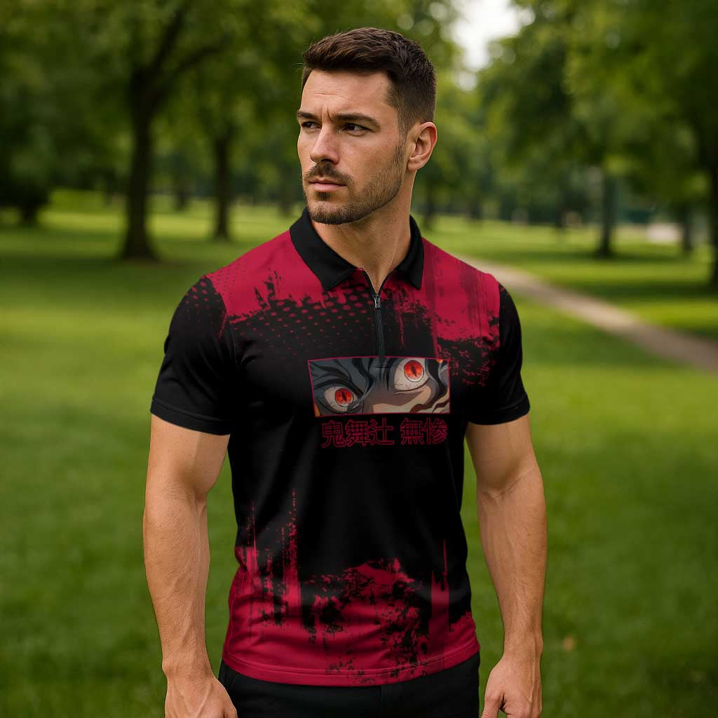 Muzan Kibutsuji Demon Slayer Red Grunge Design Zipper Polo Shirt with Intense Eyes and Hat Outfit Pose - The Mazicc