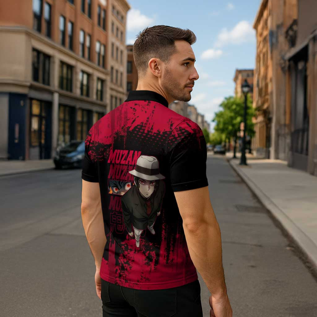Muzan Kibutsuji Demon Slayer Red Grunge Design Zipper Polo Shirt with Intense Eyes and Hat Outfit Pose - The Mazicc