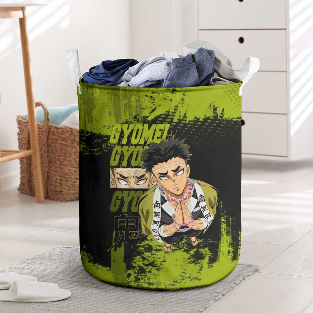 Gyomei Himejima Demon Slayer Bold Green Theme Laundry Basket with Prayer Pose and Intense Expression Design - The Mazicc