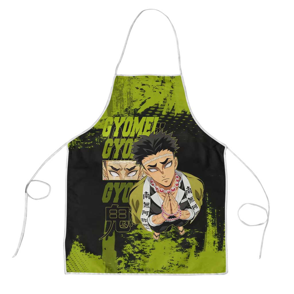 Gyomei Himejima Demon Slayer Bold Green Theme Apron with Prayer Pose and Intense Expression Design - The Mazicc