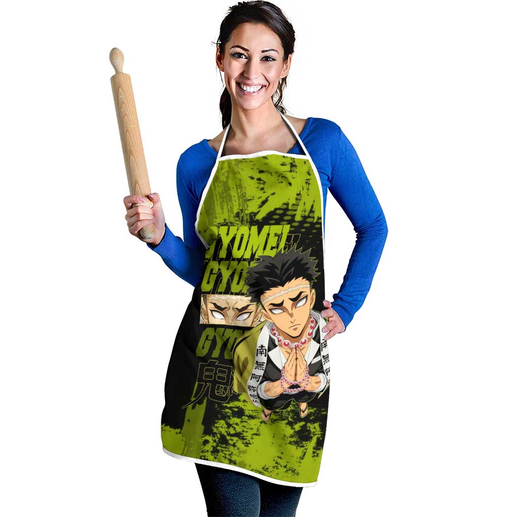 Gyomei Himejima Demon Slayer Bold Green Theme Apron with Prayer Pose and Intense Expression Design - The Mazicc