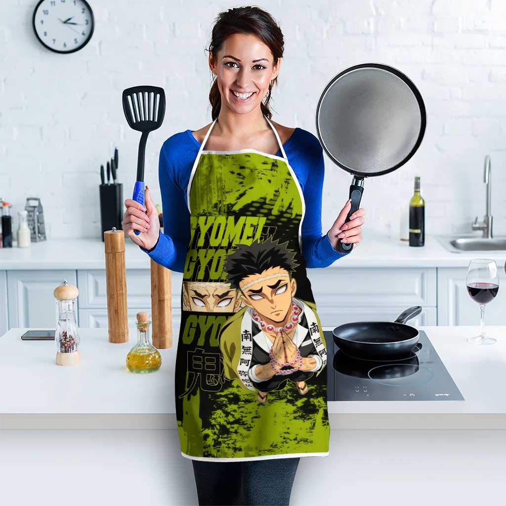 Gyomei Himejima Demon Slayer Bold Green Theme Apron with Prayer Pose and Intense Expression Design - The Mazicc