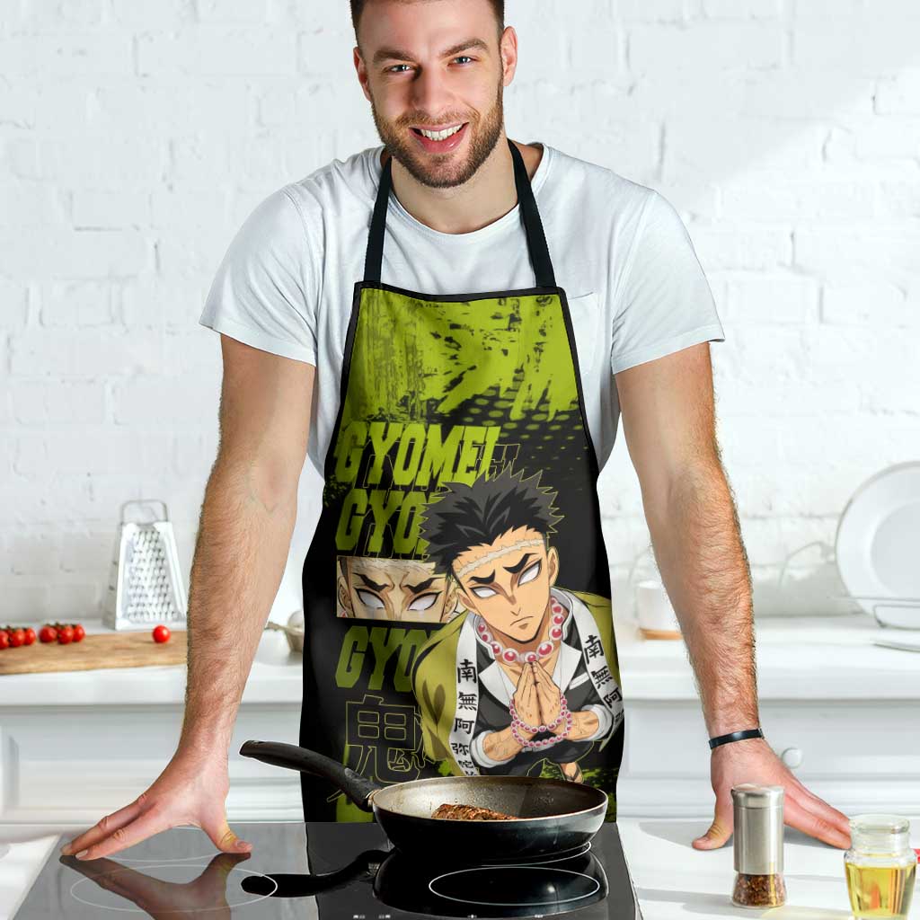 Gyomei Himejima Demon Slayer Bold Green Theme Apron with Prayer Pose and Intense Expression Design - The Mazicc