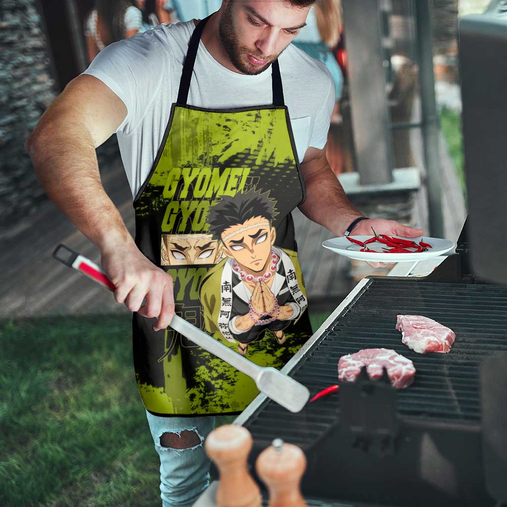 Gyomei Himejima Demon Slayer Bold Green Theme Apron with Prayer Pose and Intense Expression Design - The Mazicc