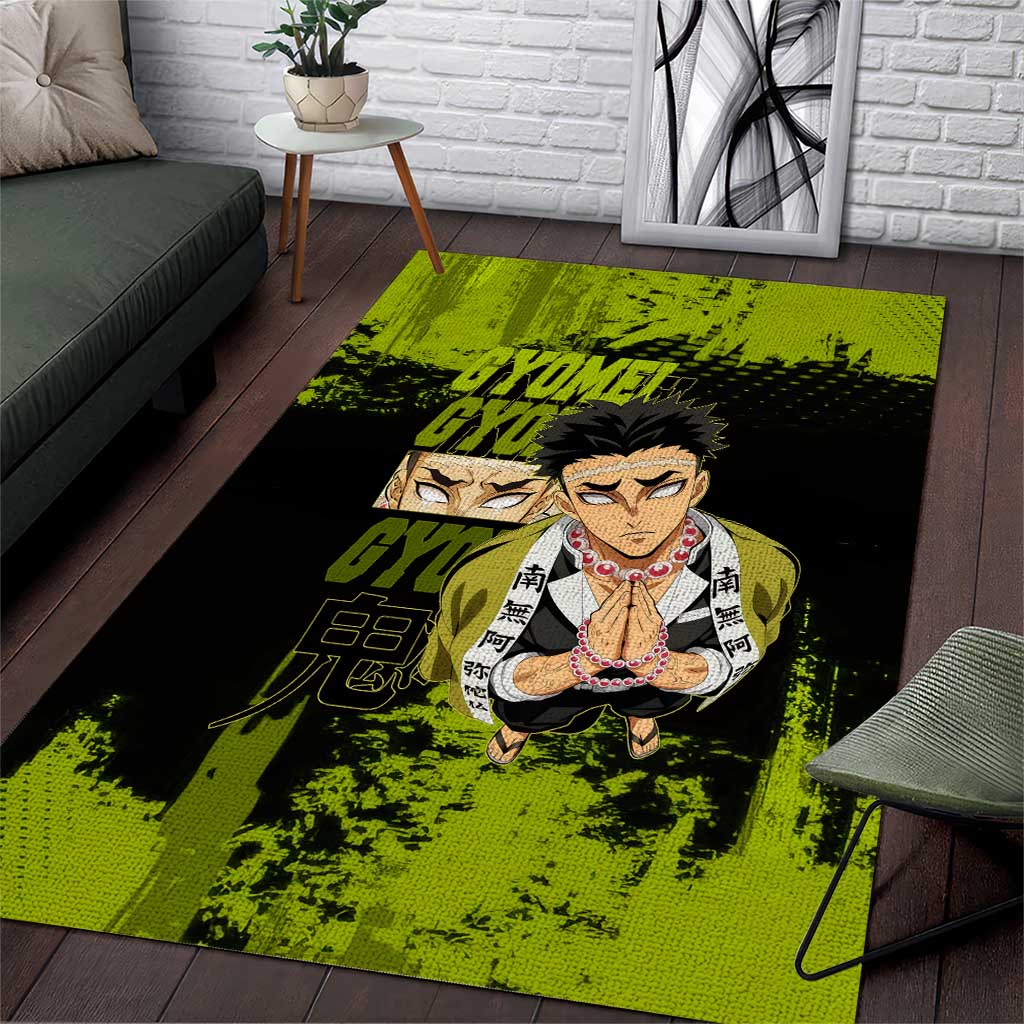 Gyomei Himejima Demon Slayer Bold Green Theme Area Rug with Prayer Pose and Intense Expression Design - The Mazicc