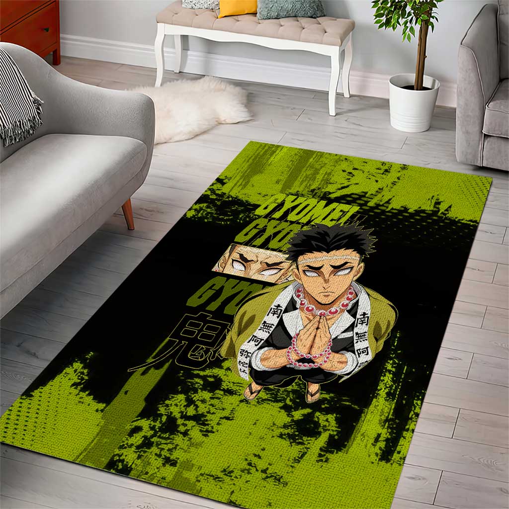 Gyomei Himejima Demon Slayer Bold Green Theme Area Rug with Prayer Pose and Intense Expression Design - The Mazicc