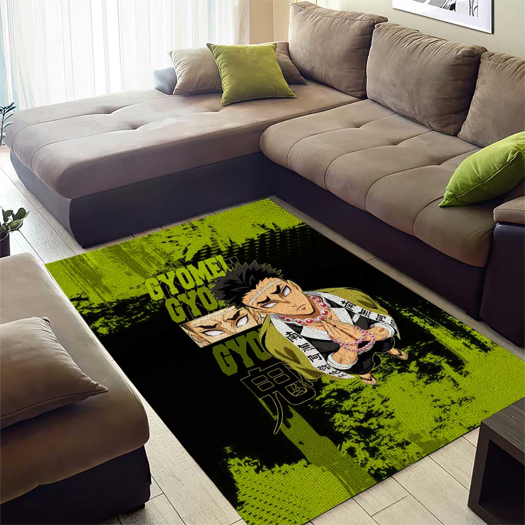 Gyomei Himejima Demon Slayer Bold Green Theme Area Rug with Prayer Pose and Intense Expression Design - The Mazicc