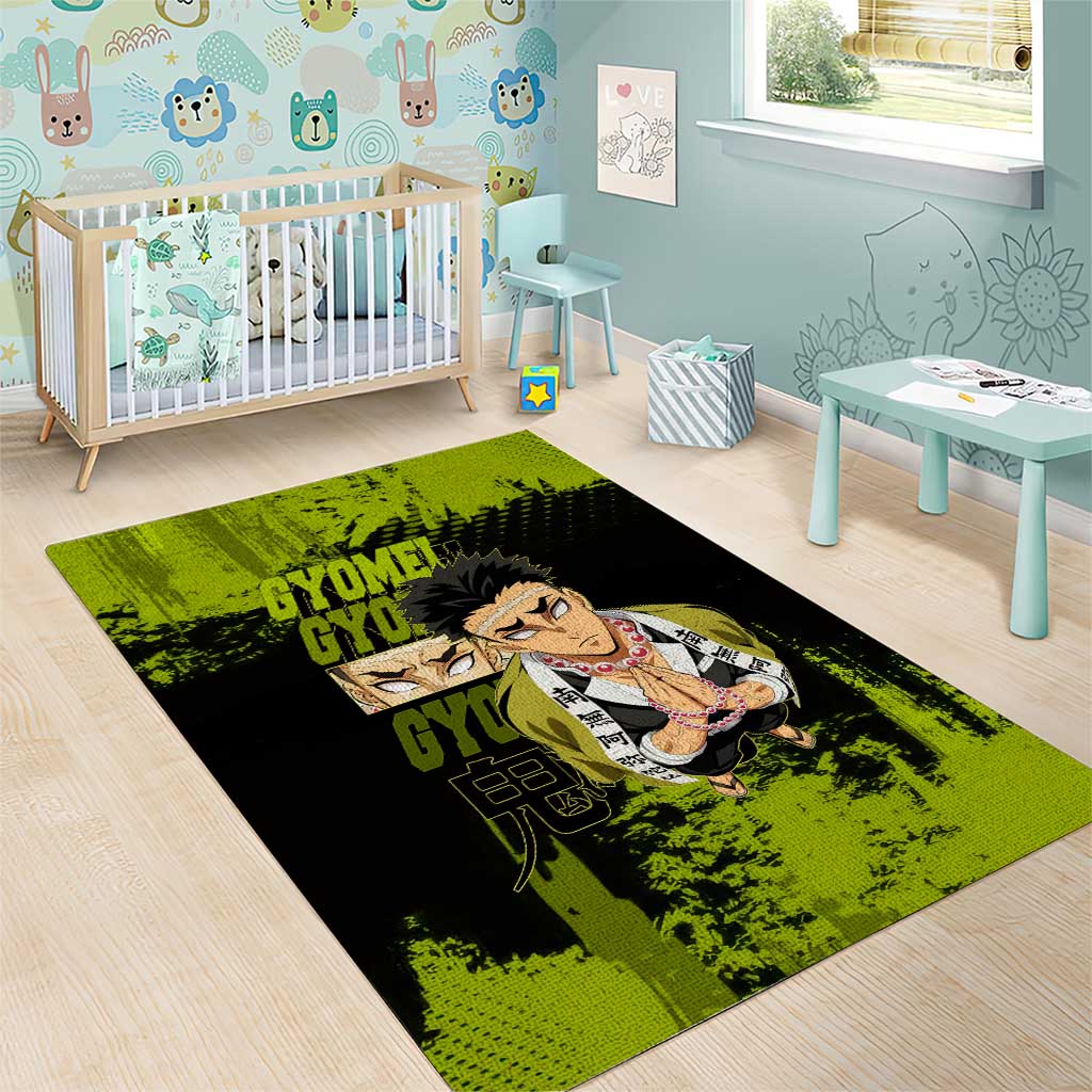 Gyomei Himejima Demon Slayer Bold Green Theme Area Rug with Prayer Pose and Intense Expression Design - The Mazicc
