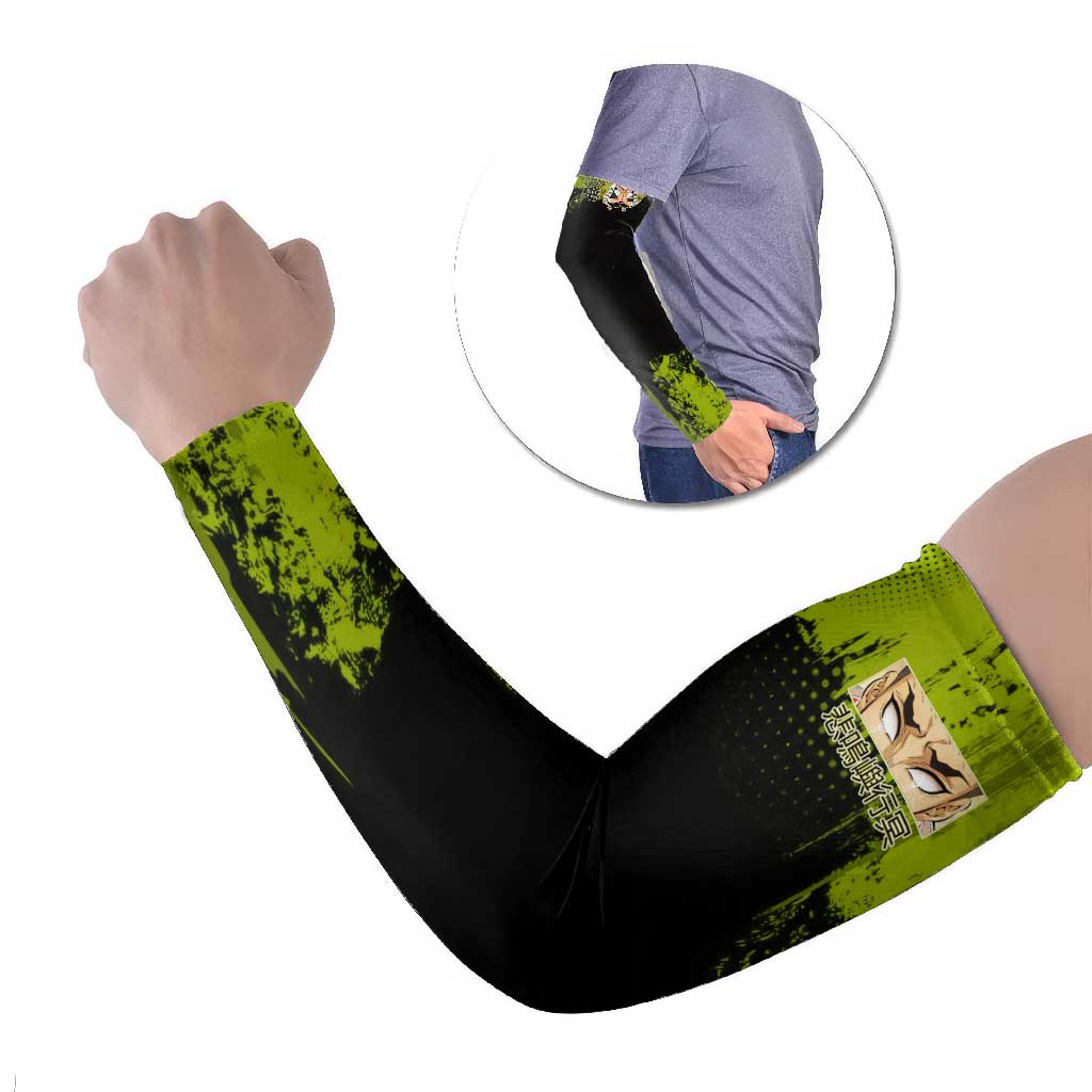 Gyomei Himejima Demon Slayer Bold Green Theme Arm Sleeves with Prayer Pose and Intense Expression Design - The Mazicc