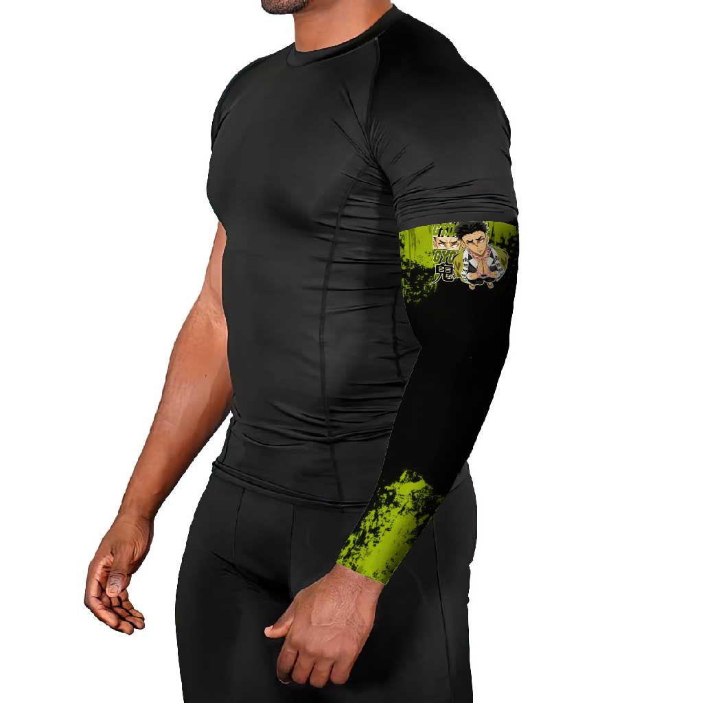 Gyomei Himejima Demon Slayer Bold Green Theme Arm Sleeves with Prayer Pose and Intense Expression Design - The Mazicc
