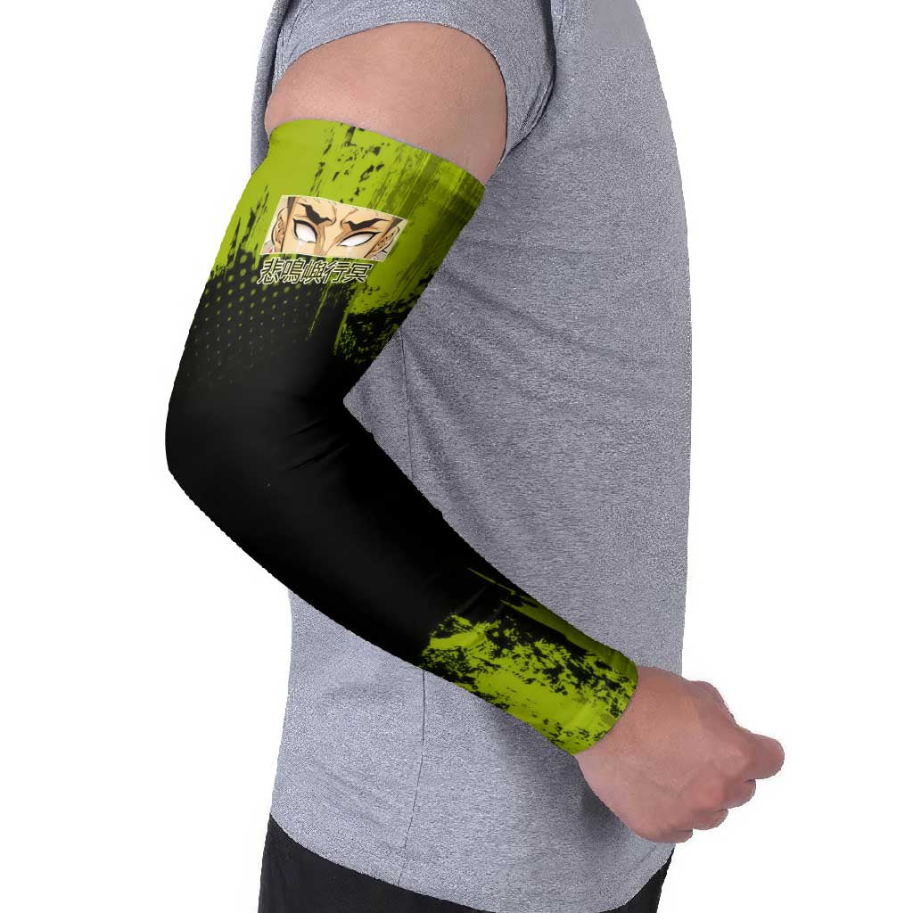 Gyomei Himejima Demon Slayer Bold Green Theme Arm Sleeves with Prayer Pose and Intense Expression Design - The Mazicc