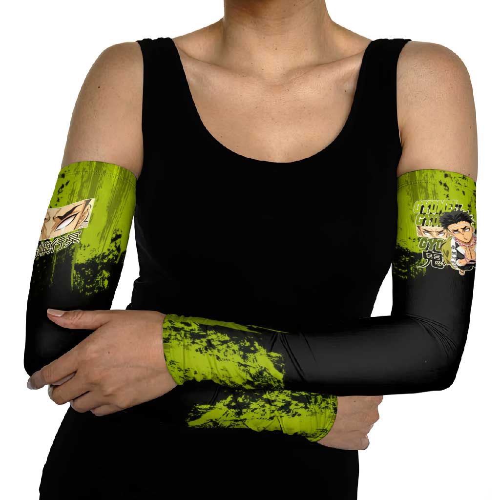 Gyomei Himejima Demon Slayer Bold Green Theme Arm Sleeves with Prayer Pose and Intense Expression Design - The Mazicc